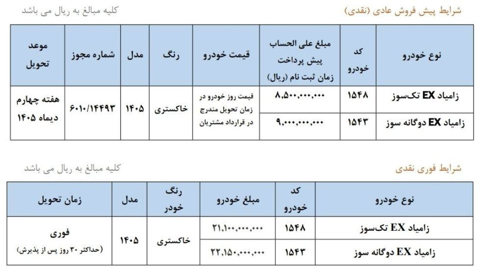 🚚 فروش فوری و پیشفروش محصولات زامیاد EX